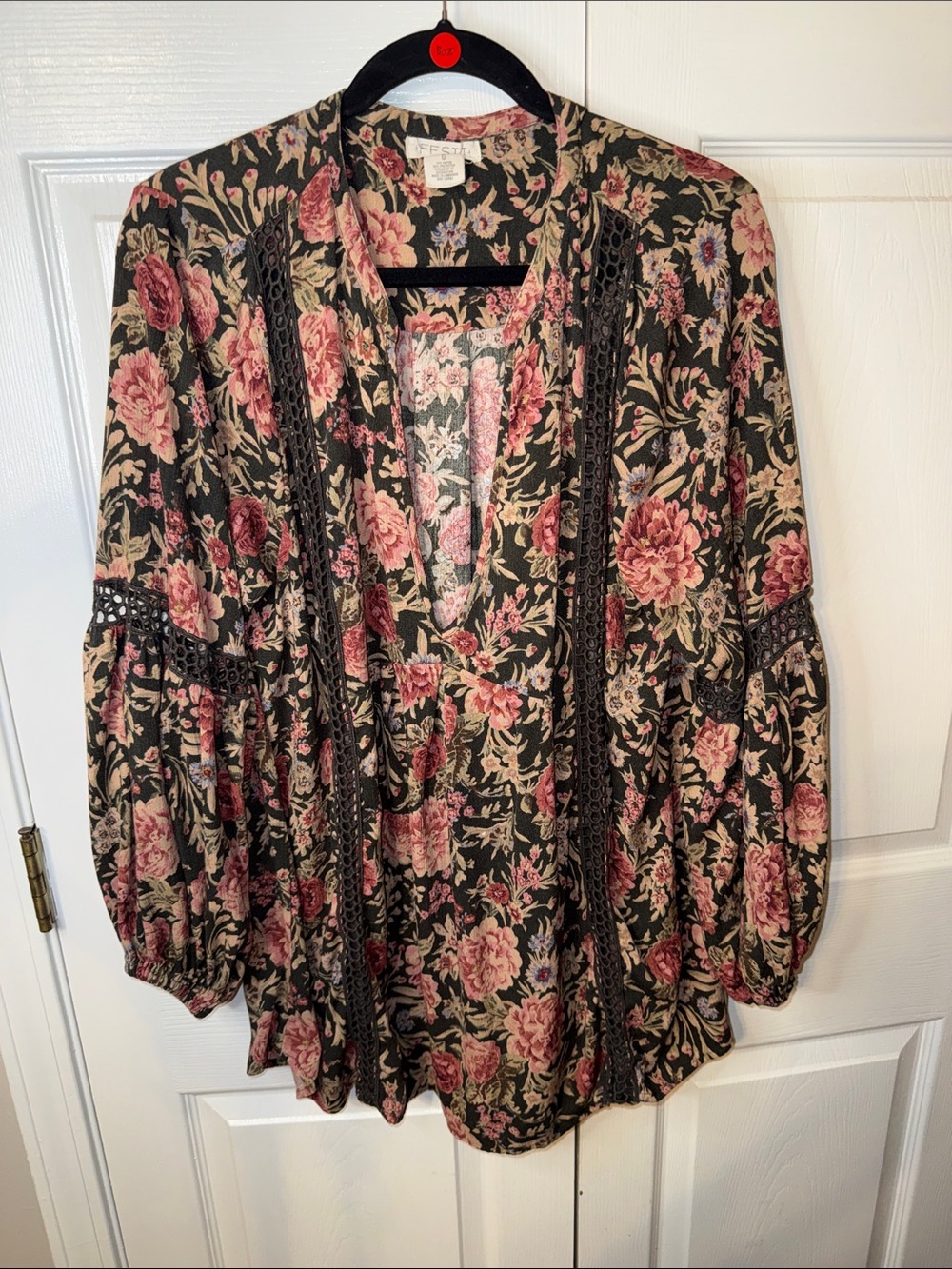 Festi Boho Floral Lace-Trim Tunic Top - Pink Floral on Olive